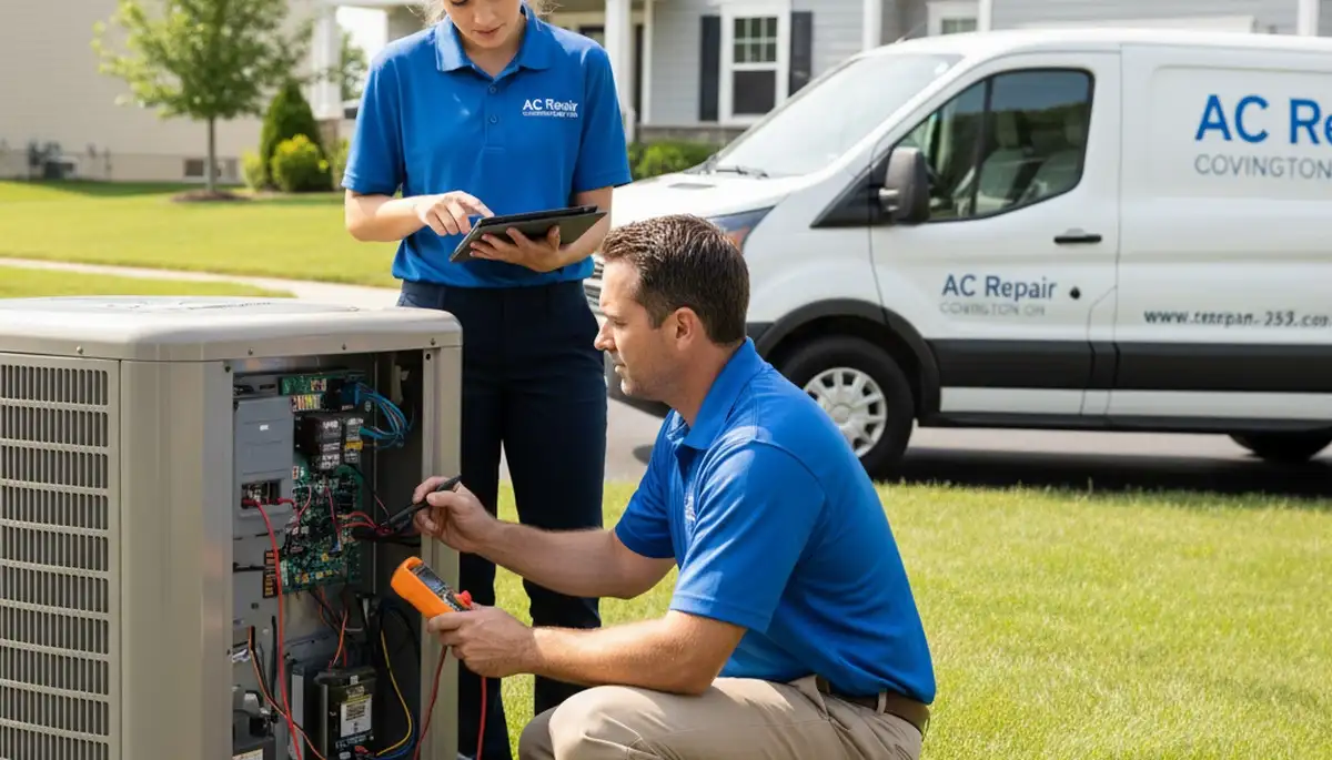 Professional AC repair technician servicing air conditioner in Cincinnati, OH home