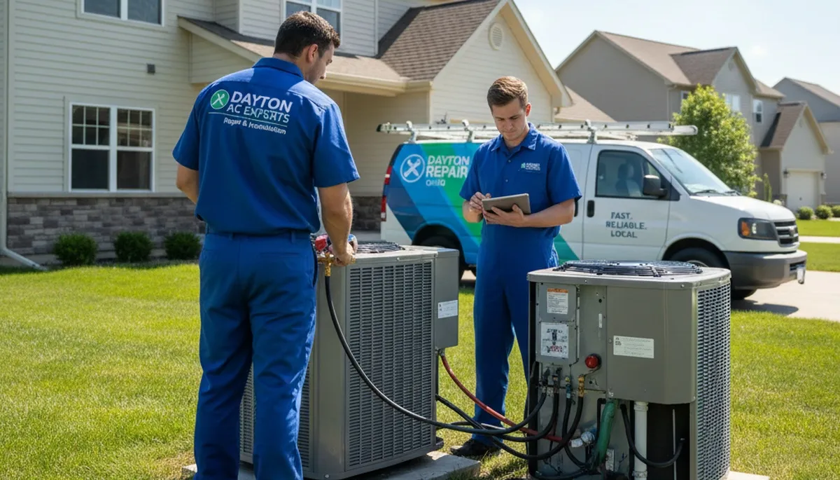 Professional AC repair technician servicing air conditioner in Cincinnati, OH home