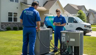 Professional AC repair technician servicing air conditioner in Cincinnati, OH home