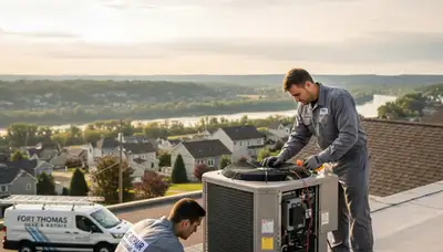 Professional AC repair technician servicing air conditioner in Cincinnati, OH home