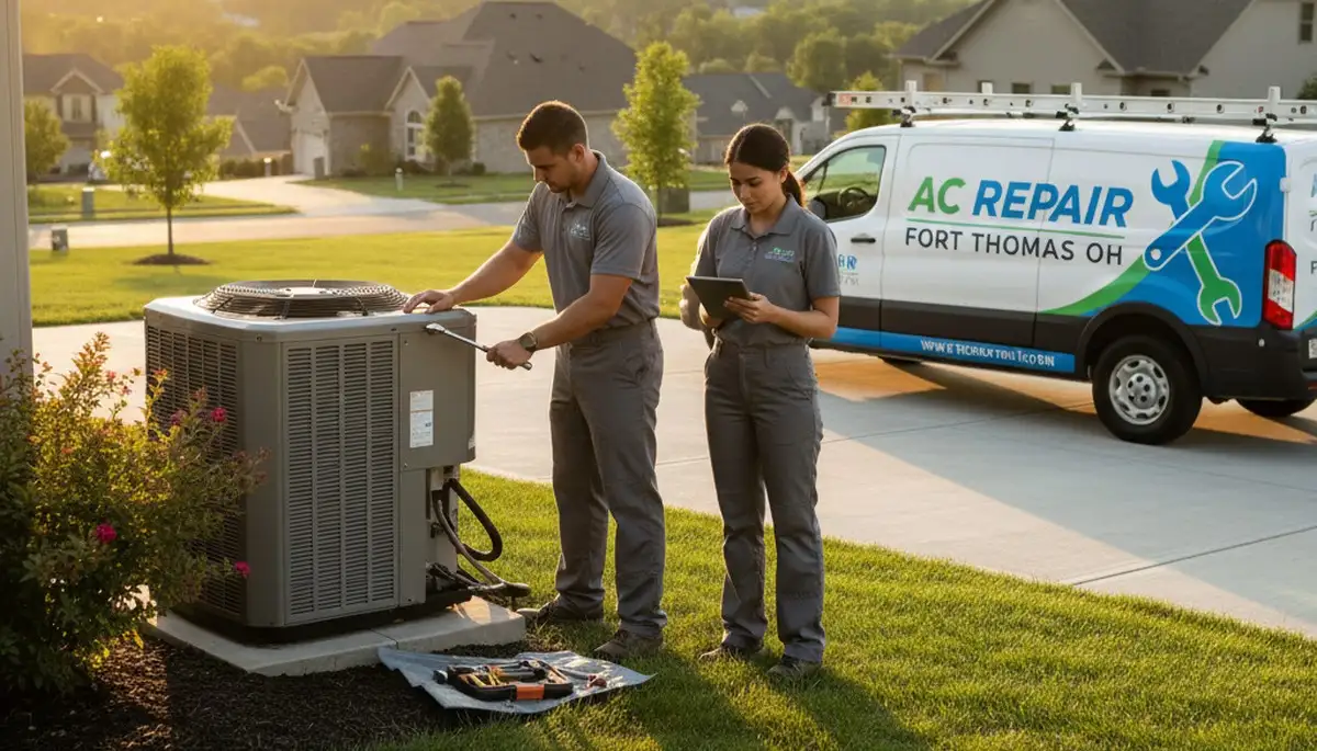 Professional AC repair technician servicing air conditioner unit in Cincinnati, OH