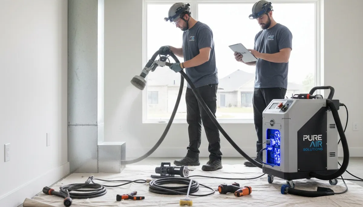 Technician cleaning air ducts for HVAC system in Cincinnati, OH home by Five Star Cooling