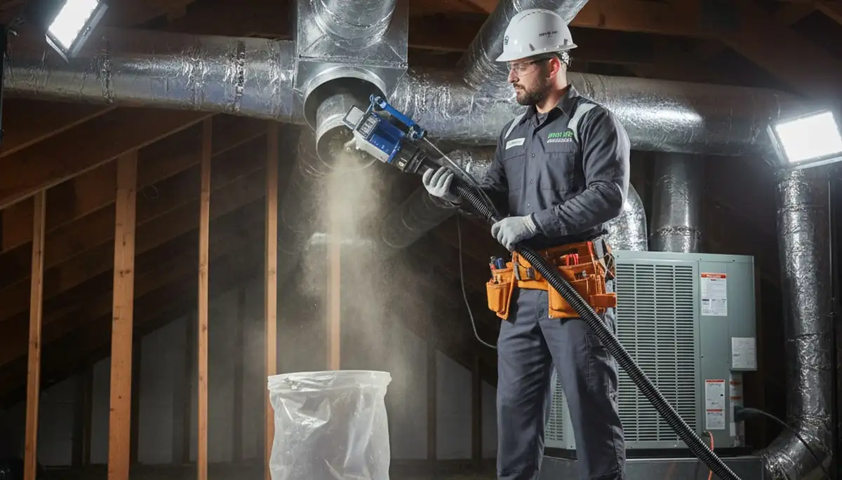Technician cleaning residential air ducts in Cincinnati, OH for improved HVAC efficiency and air quality