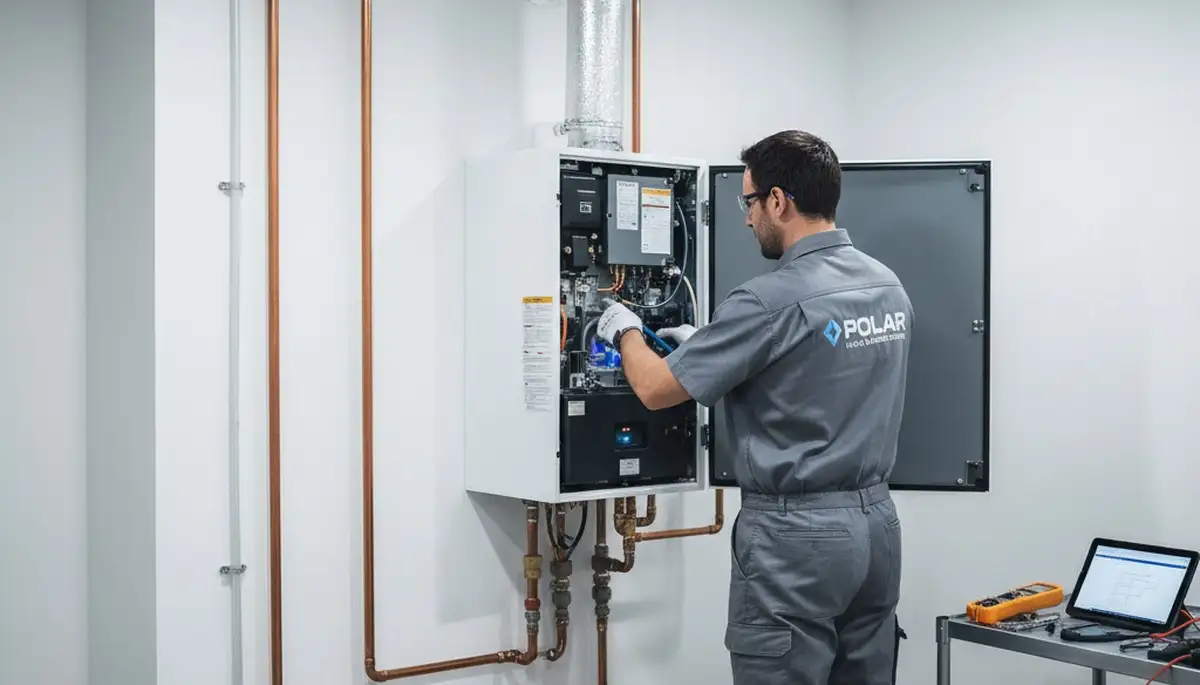 Technician performing boiler repair in Cincinnati, OH home for Five Star Cooling heating service