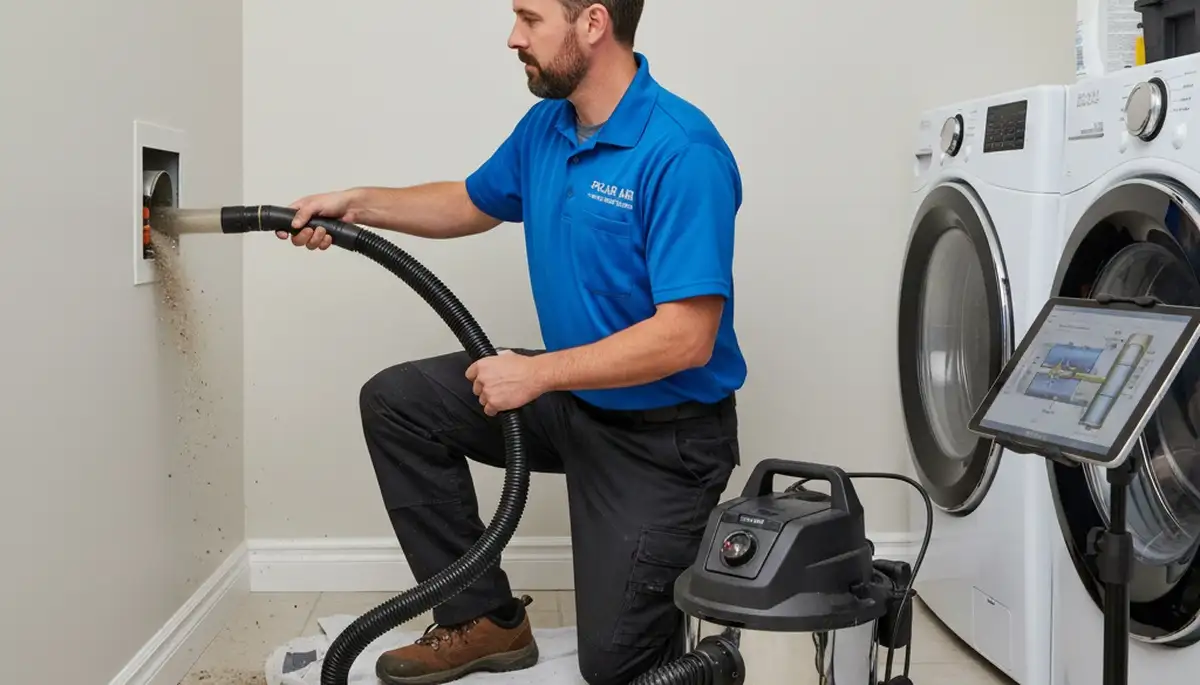 Technician cleaning dryer vent hose for home safety in Cincinnati, OH