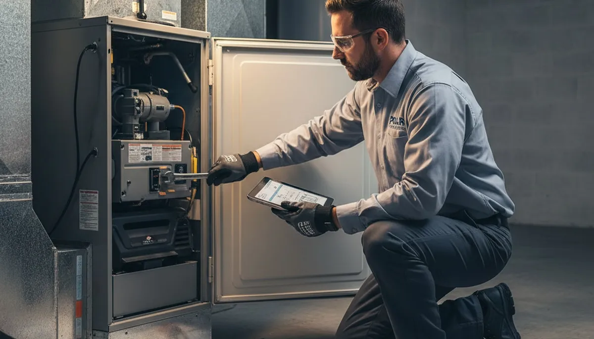 Technician repairing home furnace in Cincinnati OH for Five Star Cooling heating service