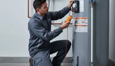 Technician performing water heater repair service in Cincinnati OH home for Five Star Cooling