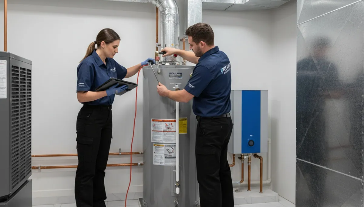 Technician repairing residential water heater in Cincinnati, OH for Five Star Cooling service