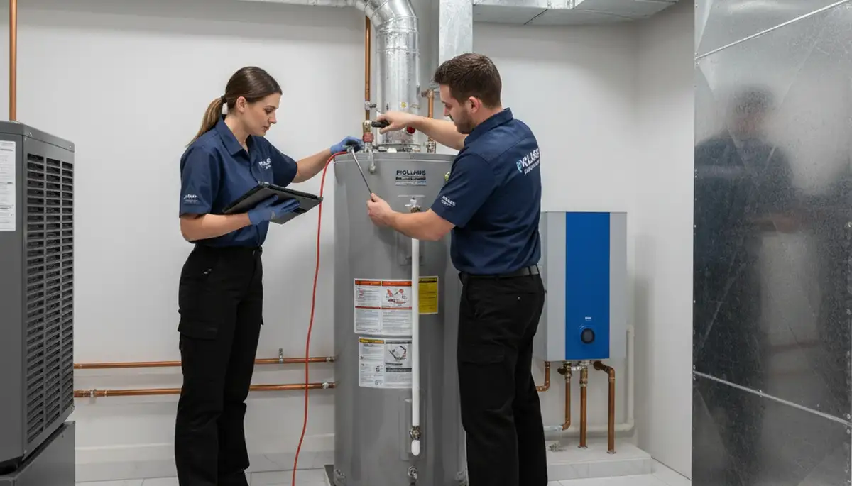 Technician repairing residential water heater in Cincinnati, OH for Five Star Cooling service
